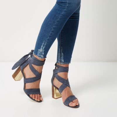 Blue suede wrap block mid heel sandals